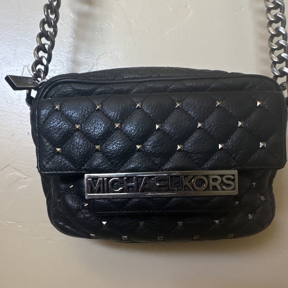 Michael Kors Women’s Small Black Quilted Studded Shoulder Bag Silver Chain Zip